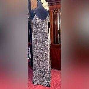 Black Silk and Silver Beaded Maxi Dress cocktail evening dress long